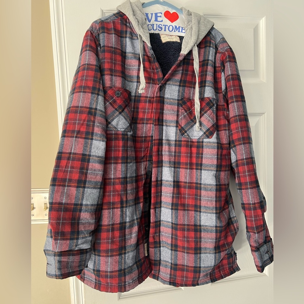 New! Men’s XL Red and Gray Plaid Hooded Shirt Jacket. Never worn.